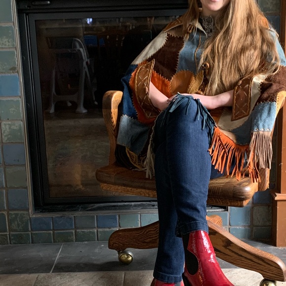 Leather cape, suede leather patchwork poncho, leather fringe cape, hippy clothes - Picture 6 of 9